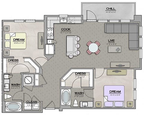 2 Bedroom 2 Bath B Floor Plan at The Jamestown Apartment Flats, Virginia